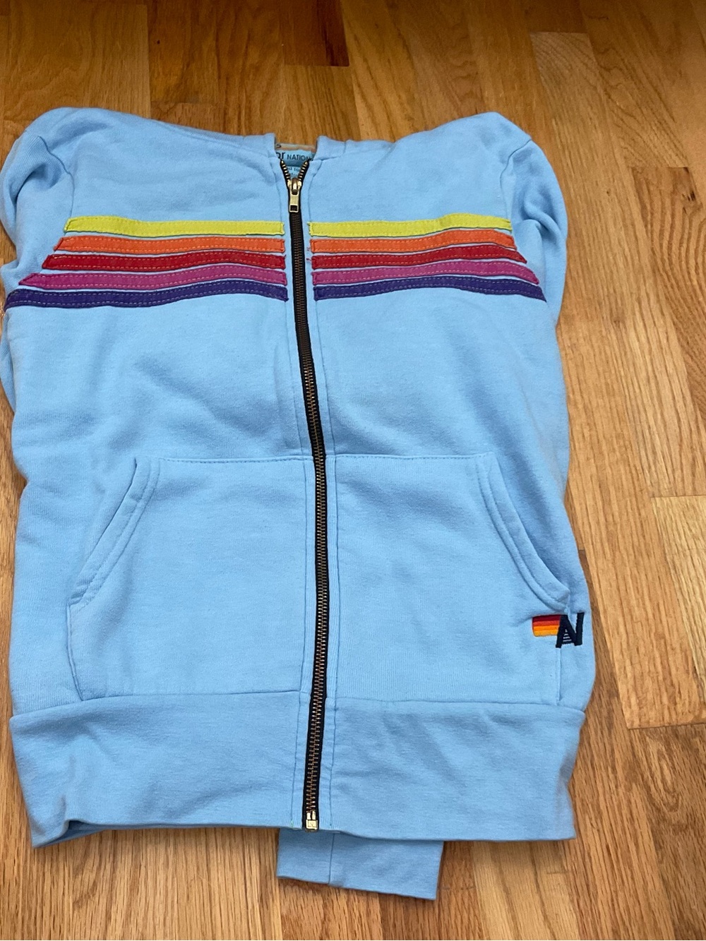 Aviator Nation Light Blue Zip Hoodie with Red Orange Yellow Stripe Accents - Picture 2 of 2